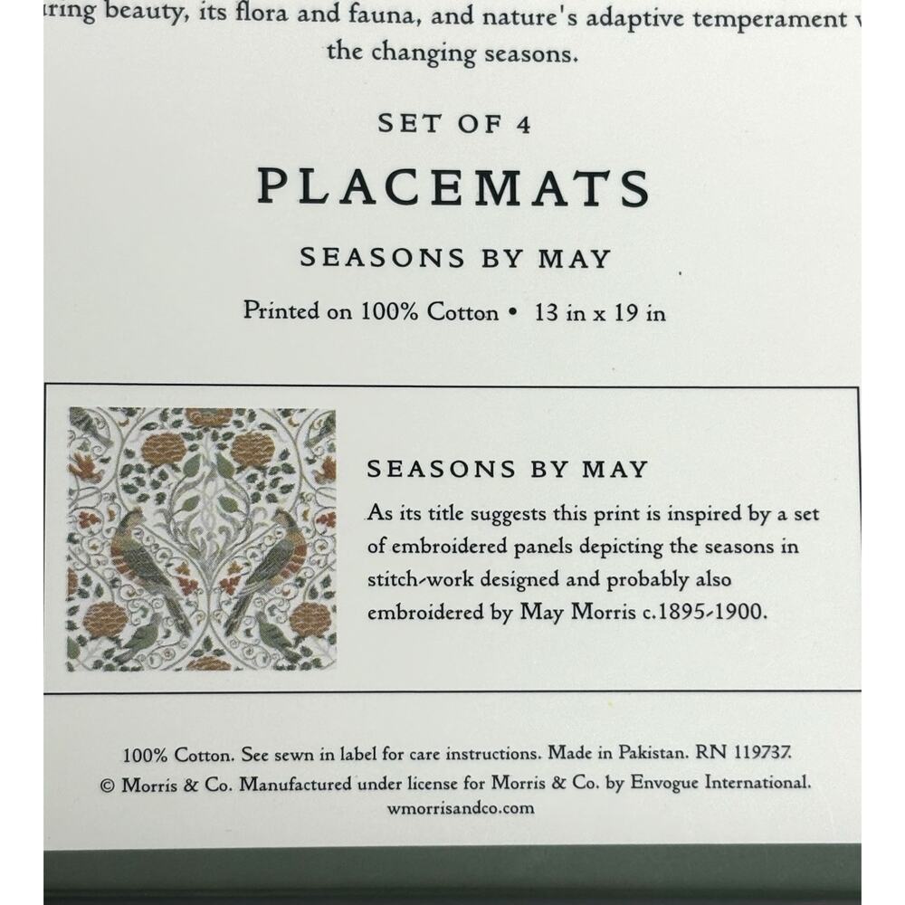 William Morris & Co Placemats Seasons by May 100% Cotton Fabric 13x19 Set 4 Fall - Picture 5 of 11